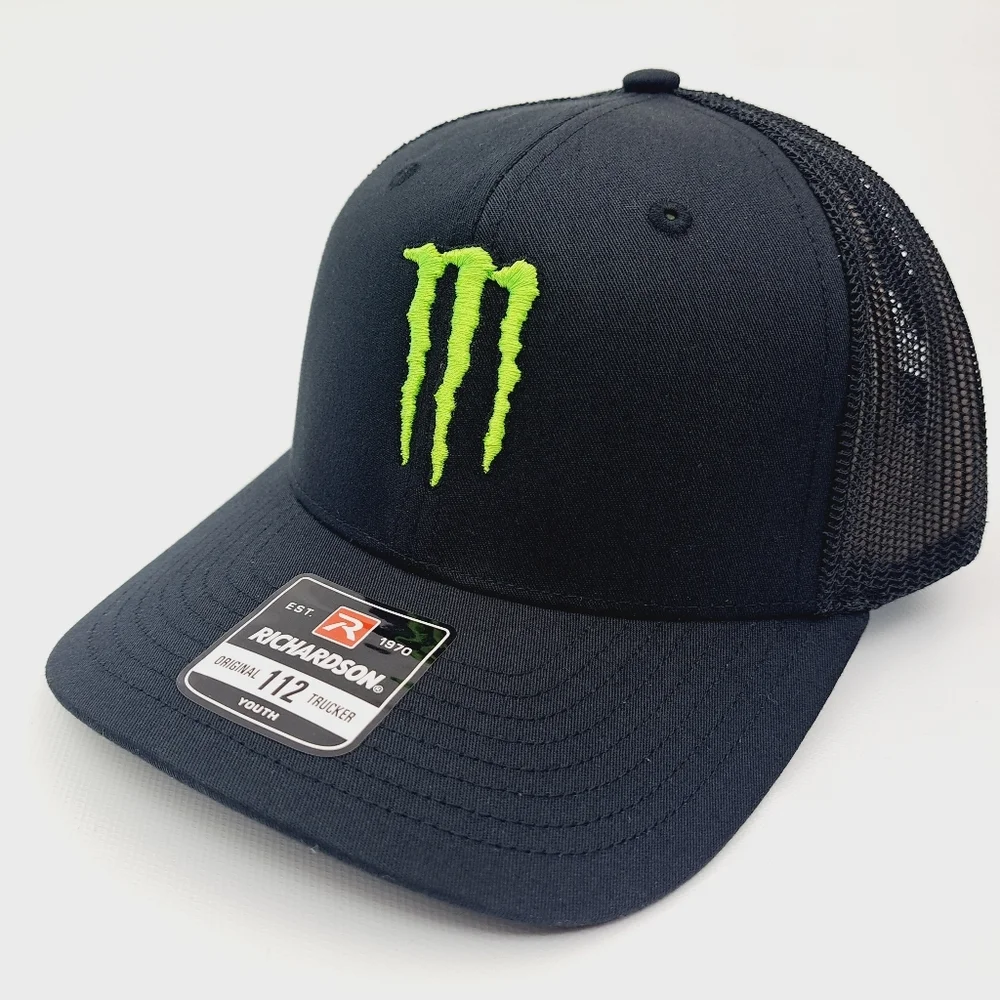 Richardson 112 Moster Energy Fox Youth Trucker Mesh Snapback Cap Hat Black